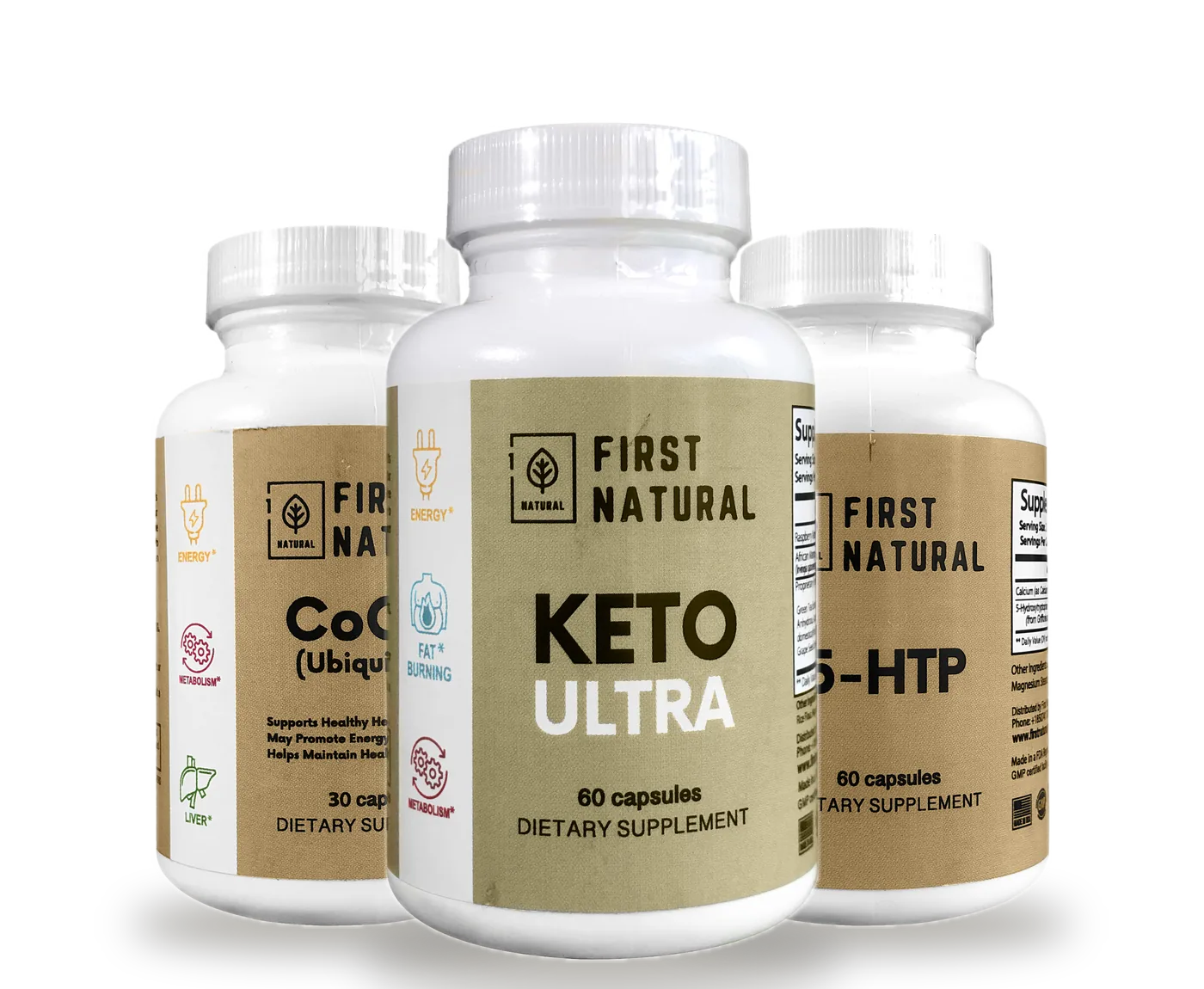 Frascos de CoQ10, Keto Ultra y 5-HTP de First Natural